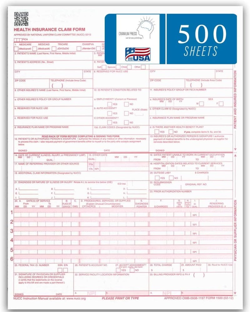 Cranium Press CMS 1500 Claim Forms - 500 Sheets | New Version HCFA 1500 02/2012 Revision | Laser & Inkjet Compatible Health Insurance Claim Forms for Accurate Medical Billing - Image 1